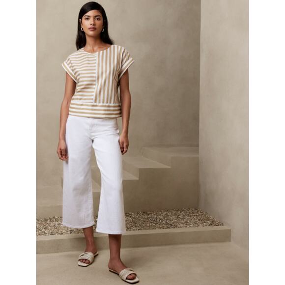 Banana Republic Short Sleeve Button Back Boatneck Blouse British Khaki Stripe XS - Picture 1 of 8